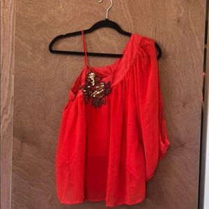 One-Shoulder, Open Sleeve Bright Rust Top